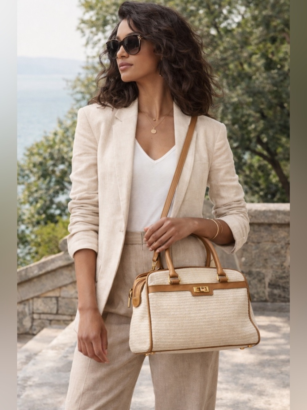 Etienne Aigner Beige & Tan Structured Satchel